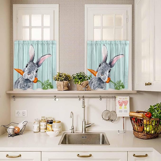 Easter Kitchen Curtain Set, Spring Rabbit Botanical Carrots Green Wooden Grain - Image 4