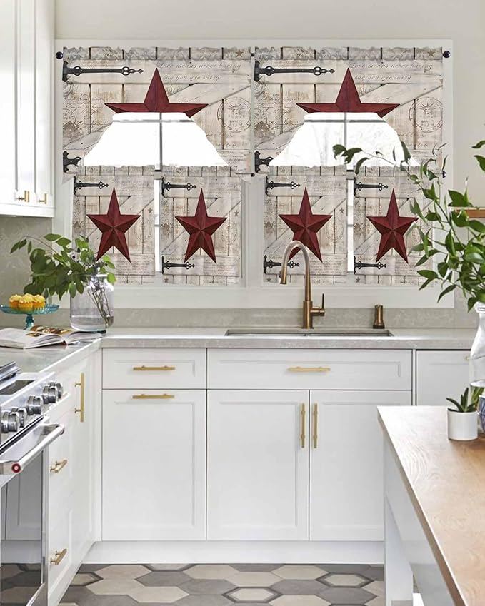 Village Stars Swag Kitchen Curtains Valance and Tier Set, Vintage Dark Red Star - Image 3