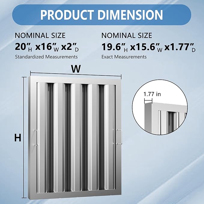 Stainless Steel Commercial Kitchen Hood Filter, 15.5W x 19.5H Inch Range Baffle - Image 2