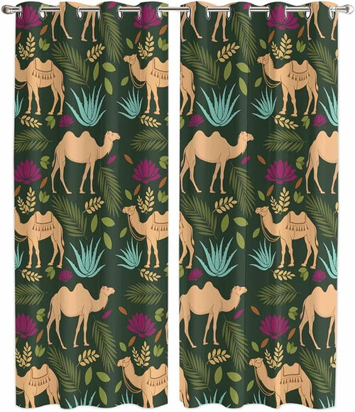 2 Panel Kitchen Cafe Curtains, Retro Desert Camel Sunlight Filtering Nature Air by Hokiten