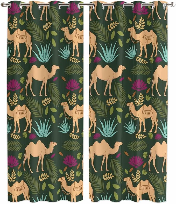 2 Panel Kitchen Cafe Curtains, Retro Desert Camel Sunlight Filtering Nature Air by Hokiten