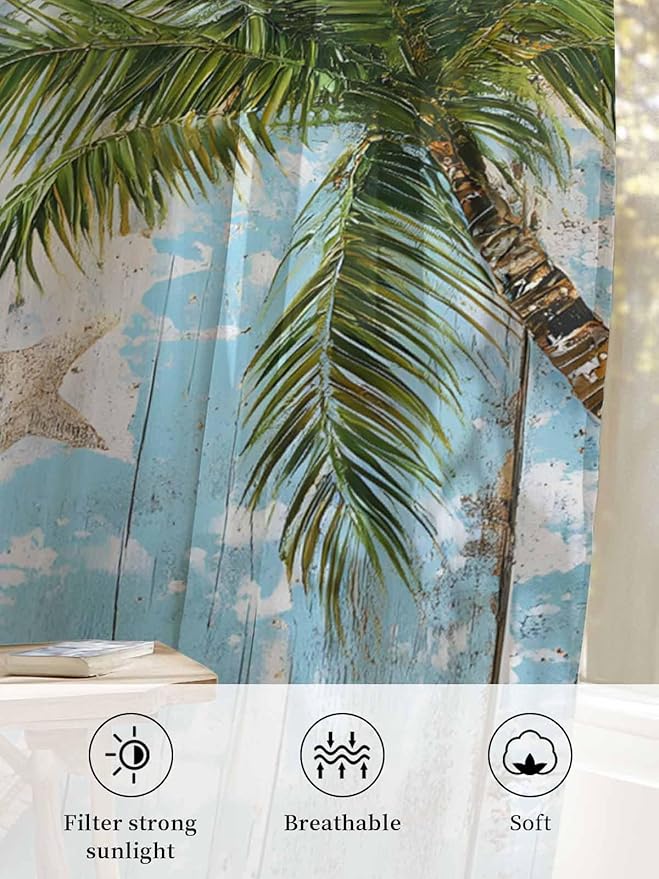 Sheer Curtains 72 Inches Long, Coastal Beach Blue Semi Sheer Curtains Light - Image 6