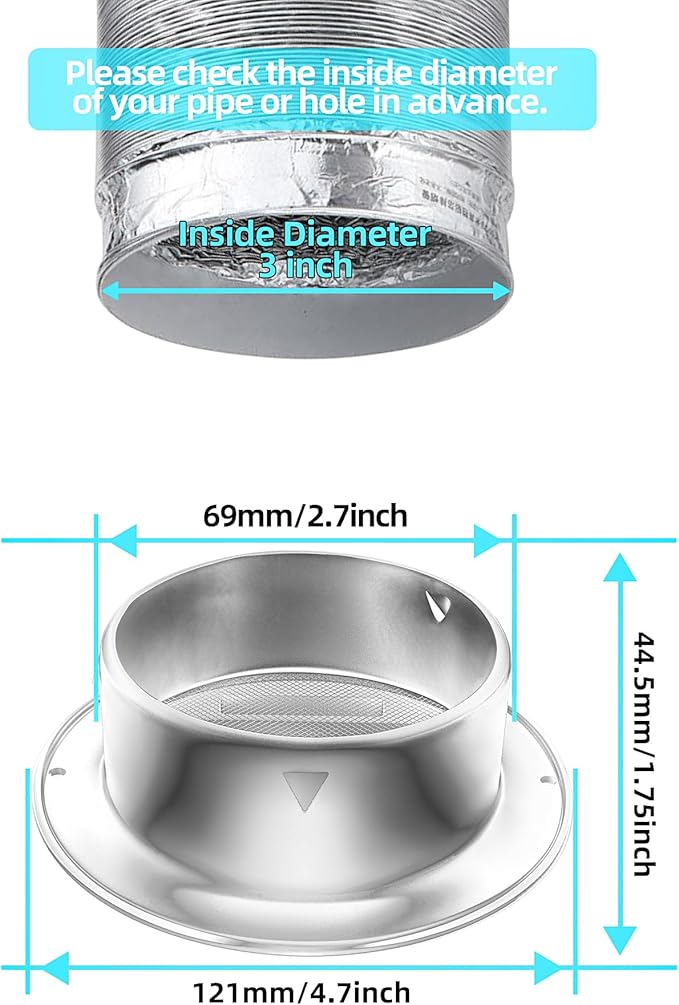 3'' Shiny Silver Paint Stainless Steel Air Vents, Louvered Grille Cover Vent - Image 2