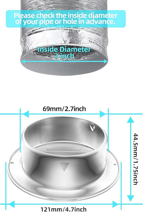 3'' Shiny Silver Paint Stainless Steel Air Vents, Louvered Grille Cover Vent - Image 2