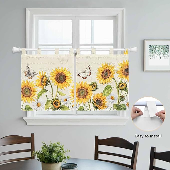 Farm Sunflowers Kitchen Curtains 36 Inch Length, Small Window Curtains Tab Top - Image 4