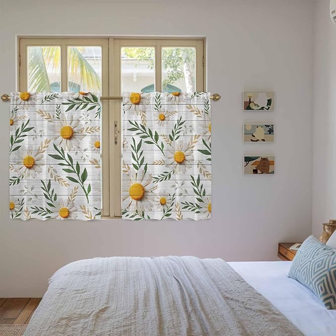 Spring Daisy Tier Curtains, Farmhouse Country Flower Leaf Plant Wood Grain - Image 4