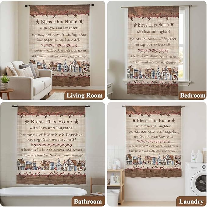 Farmhouse Sheer Curtains 96 Inch Length Brown Country Star Berry Vintage Wood - Image 7