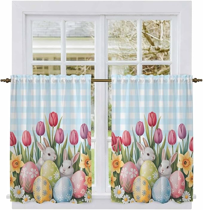Easter Kitchen Curtains 45 Inch Long 2 Panel Set, Rod Pocket Window Treatment - Image 2