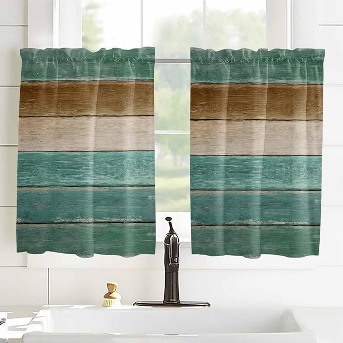 Vintage Plank Turquoise Brown Window Valance Curtains, Farmhouse Wood Grain - Image 4