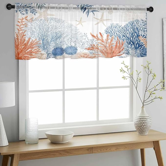Ocean Corals Sheer Valance Curtains, Summer Beach Coral Sea Stars Light - Image 3