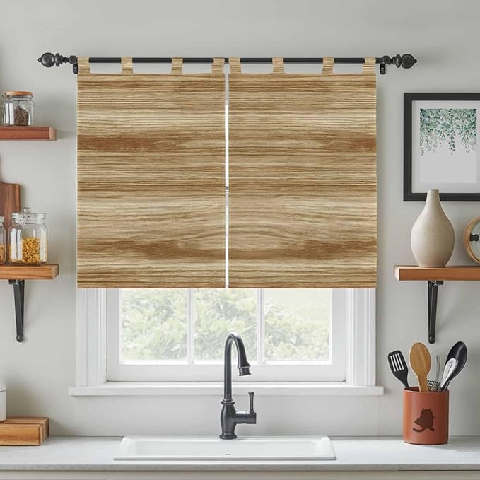 Light Brown Wood Grain Bedroom Curtains 63 Inch Length, Window Curtains Tab Top - Image 3