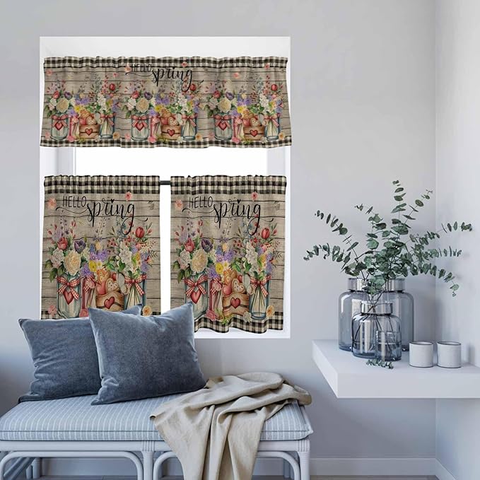 Spring Flowers Kitchen Curtain Set, Farmhouse Vintage Black Plaid Wood Grain - Image 8