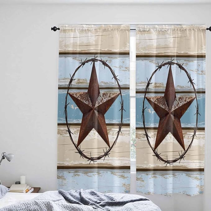 Vintage Western Star on Wood Grain Window Valance Curtains, Retro Wooden - Image 8