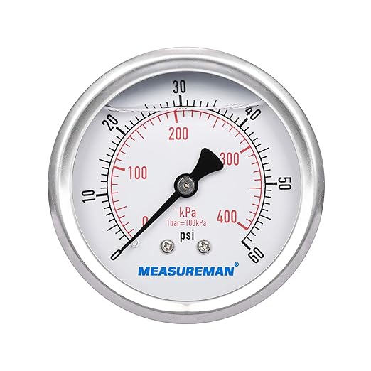 MEASUREMAN 2-1/2inch Dial Size, Liquid Filled Pressure Gauge, 0-60psi/400kpa by MEASUREMAN