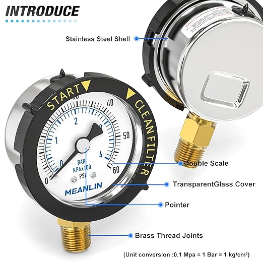 MEANLIN MEASURE 0~60Psi Stainless Steel Start and Clean Filter Pressure Gauge - Image 4