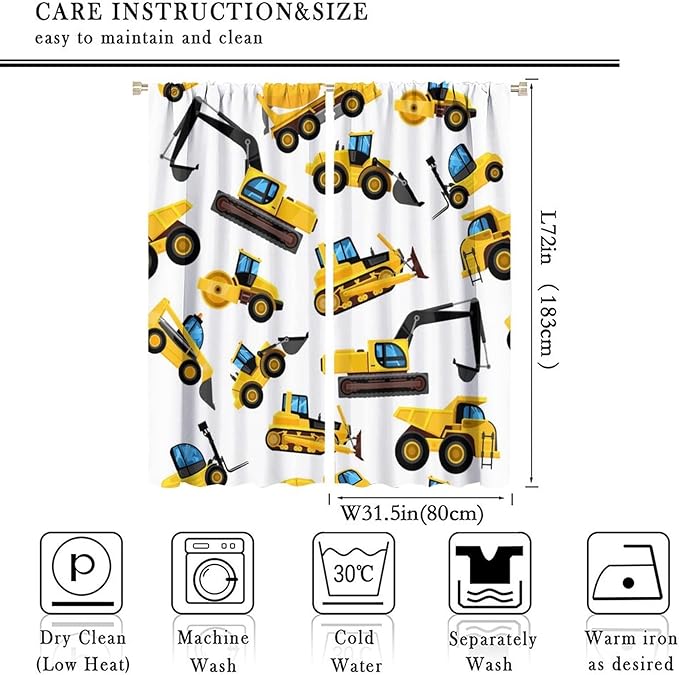 Kids Construction Equipment Window Curtains, Excavator Tractor Tow Truck Rod - Image 4