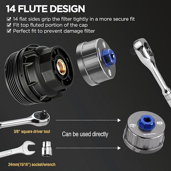 WORKPRO Oil Filter Wrench for Toyota Lexus..., 64mm 14 Flute Precision CNC - Image 8