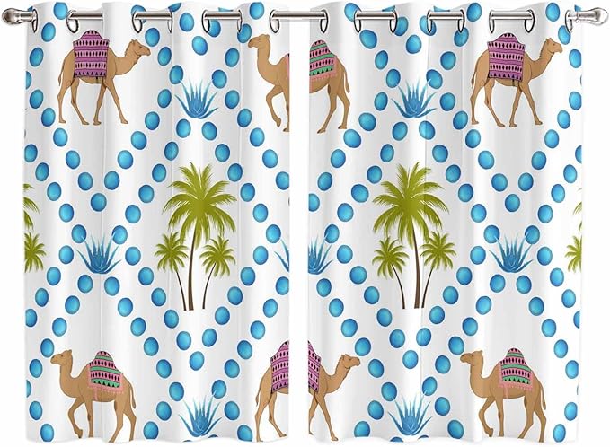 2 Panel Kitchen Cafe Curtains, Camels Palm Trees Sunlight Filtering Nature Air by Hokiten