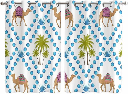 2 Panel Kitchen Cafe Curtains, Camels Palm Trees Sunlight Filtering Nature Air by Hokiten