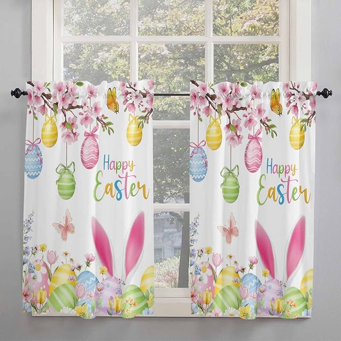 Happy Easter Tier Curtains 45 Inches Long, Spring Watercolor Bunny Eggs Flower - Image 2