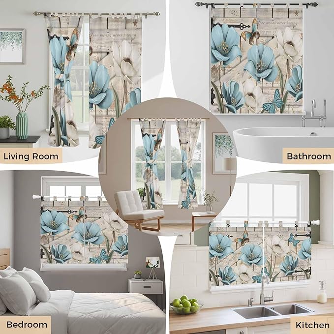 Teal Blue Tulips Kitchen Curtains 45 Inch Length, Short Cafe Window Curtains - Image 7