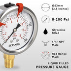 0 to 200 Psi Pressure Gauge, Glycerin Liquid Filled, 2.5 inch Dial, 1/4" NPT - Image 2