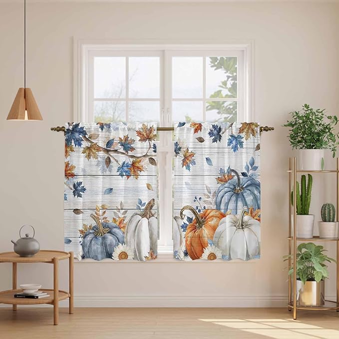 Thanksgiving Pumpkin Kitchen Tier Curtains 45 Inch Long 2 Panel Set, Rod Pocket - Image 3