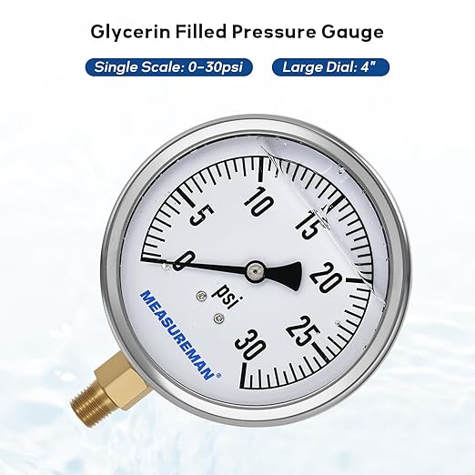 MEASUREMAN Glycerin Filled Plumbing Pressure Gauge 0-30psi Stainless Steel Case - Image 2