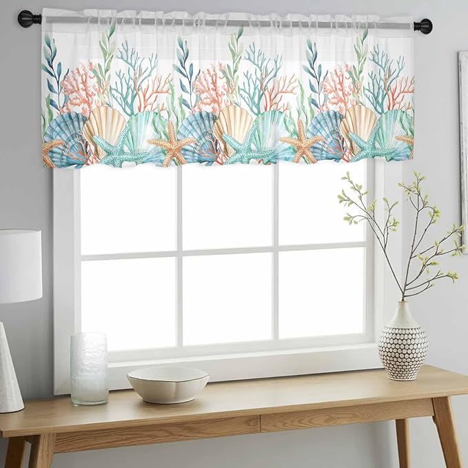 Summer Beach Sheer Valance Curtains, Ocean Colorful Coral Shell Seaweed - Image 3