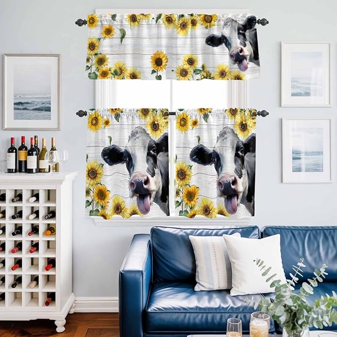 Kitchen Curtains Tiers and Valance Set of 3, Cow Sunflowers Light Filtering - Image 6