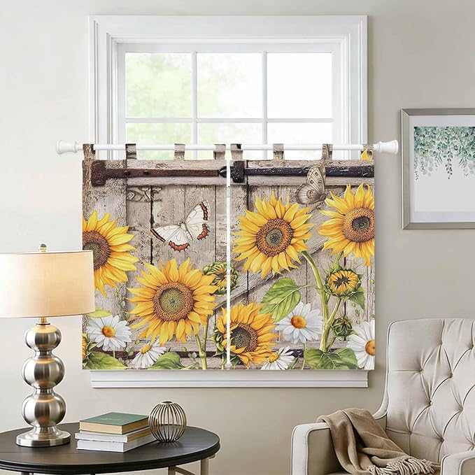 Farmhouse Sunflowers Kitchen Curtains 45 Inch Length, Short Cafe Window - Image 2