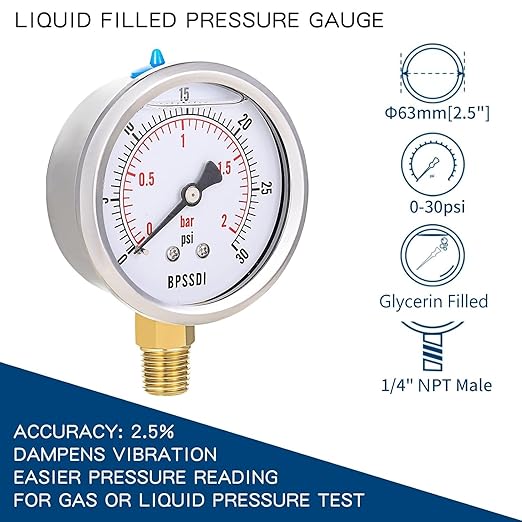 0-30 Psi Glycerin Liquid Filled Low Pressure Gauge, 2.5" Dial Size, 1/4" NPT - Image 2