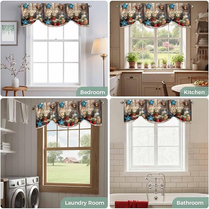 Country Flower Tie Up Valance for Window, Western Texas Star Butterfly Barn - Image 7