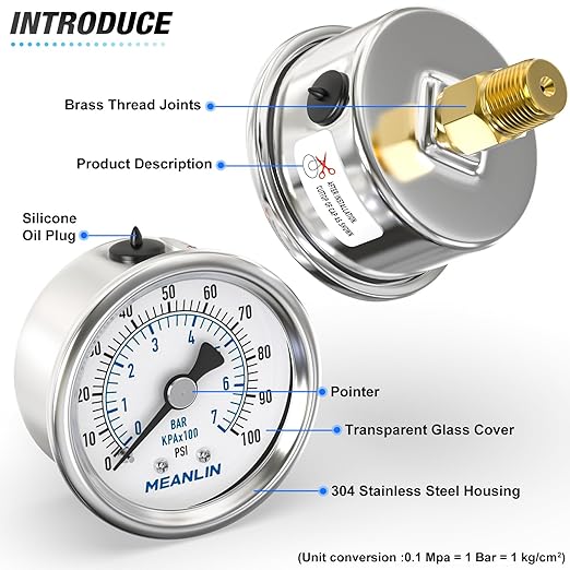MEANLIN MEASURE 0~100Psi Dry Pressure Gauge Stainless Steel 1/4" NPT 2" FACE - Image 4