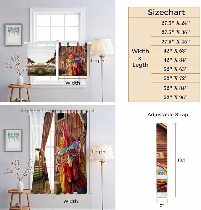 Farm Rooster Bedroom Curtains 72 Inch Length, Window Curtains Tab Top, - Image 8