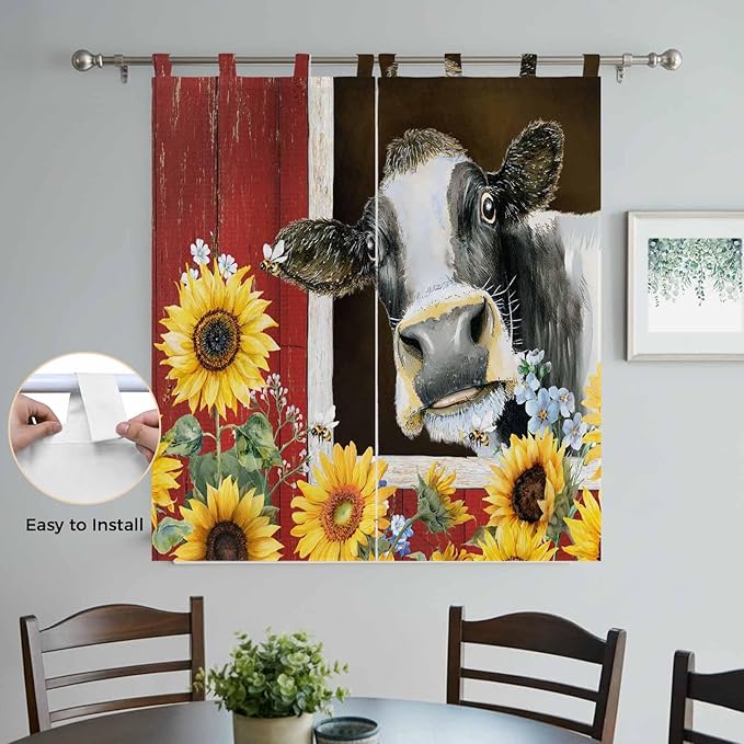 Cows Sunflowers Bedroom Curtains 72 Inch Length, Window Curtains Tab Top - Image 4