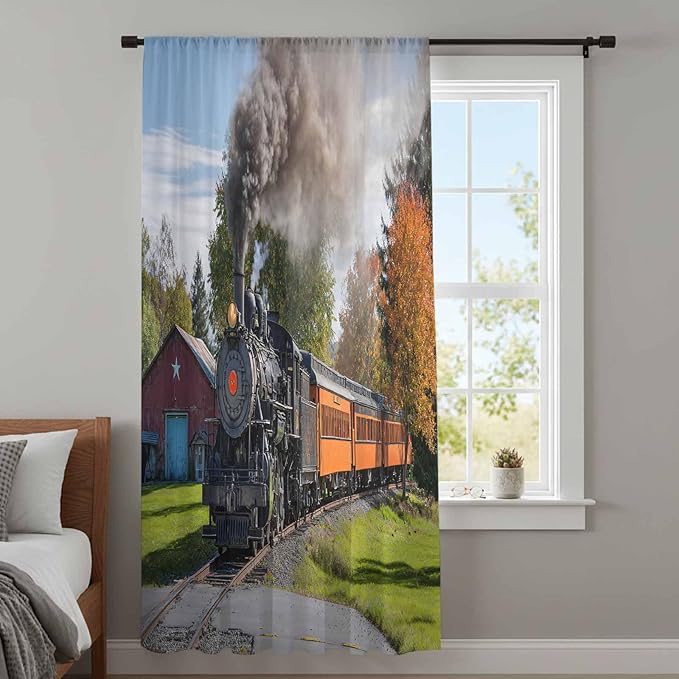 Steam Train Sheer Curtains 96 Inch Length Railroad Country Barn Rustic Trees - Image 4