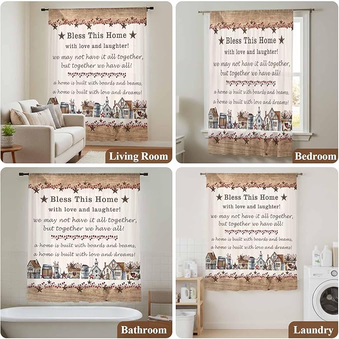 Farmhouse Sheer Curtains 84 Inch Length Country Star Barn Berry Brown Wood - Image 7