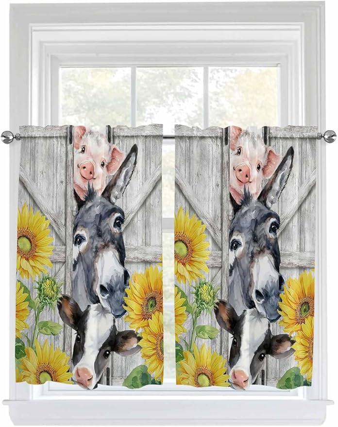 Farmhouse Tier Curtains 45 Inches Long, Watercolor Sunflowers Animals Printed by Unknown