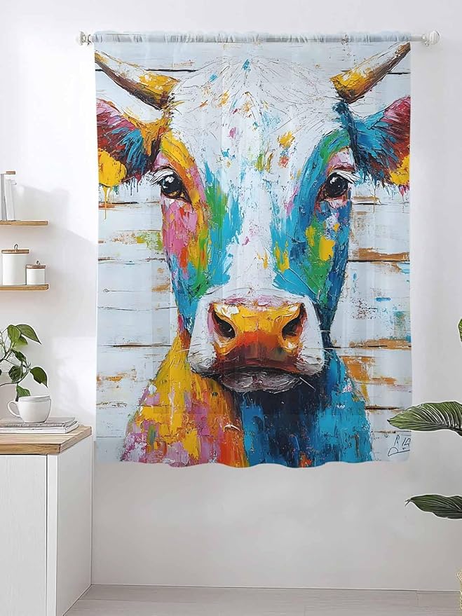 Sheer Curtains 72 Inches Long, Funny Colorful Cow Semi Sheer Curtains Light - Image 2