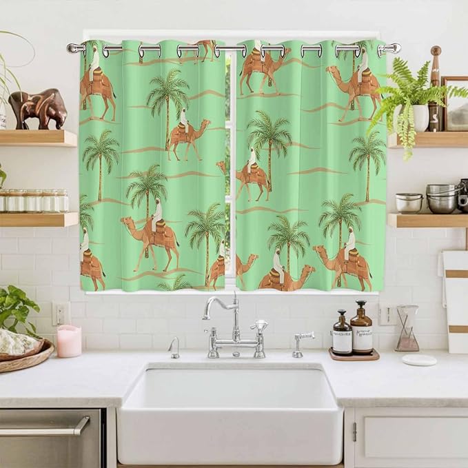 2 Panel Kitchen Cafe Curtains, Desert Camels Sunlight Filtering Nature Air - Image 2