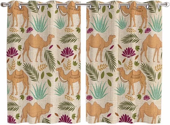 2 Panel Kitchen Cafe Curtains, Desert Camels Sunlight Filtering Nature Air by Hokiten