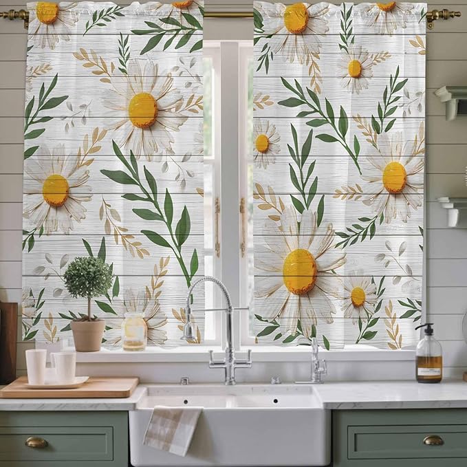 Spring Daisy Kitchen Curtains, Farmhouse Country Flower Leaf Plant Wood Grain - Image 2