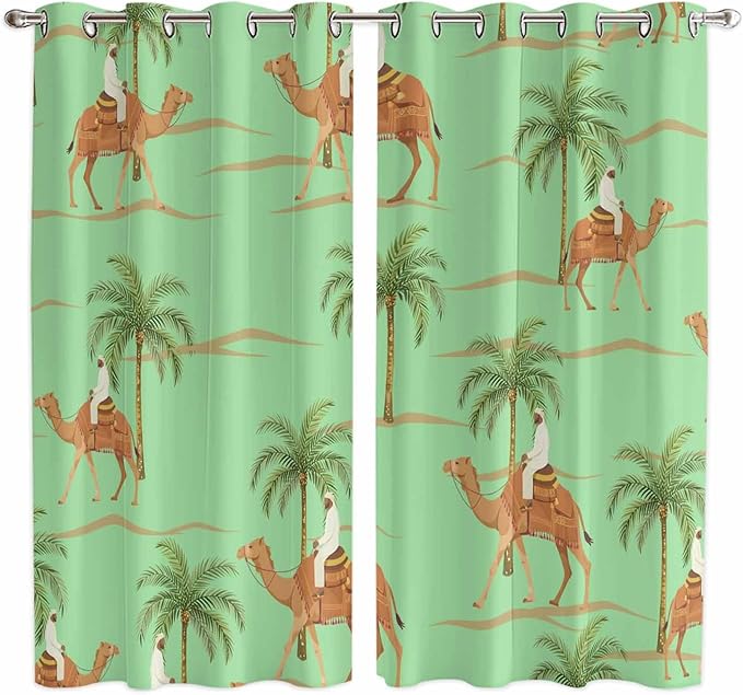 2 Panel Kitchen Cafe Curtains, Desert Camels Sunlight Filtering Nature Air by Hokiten