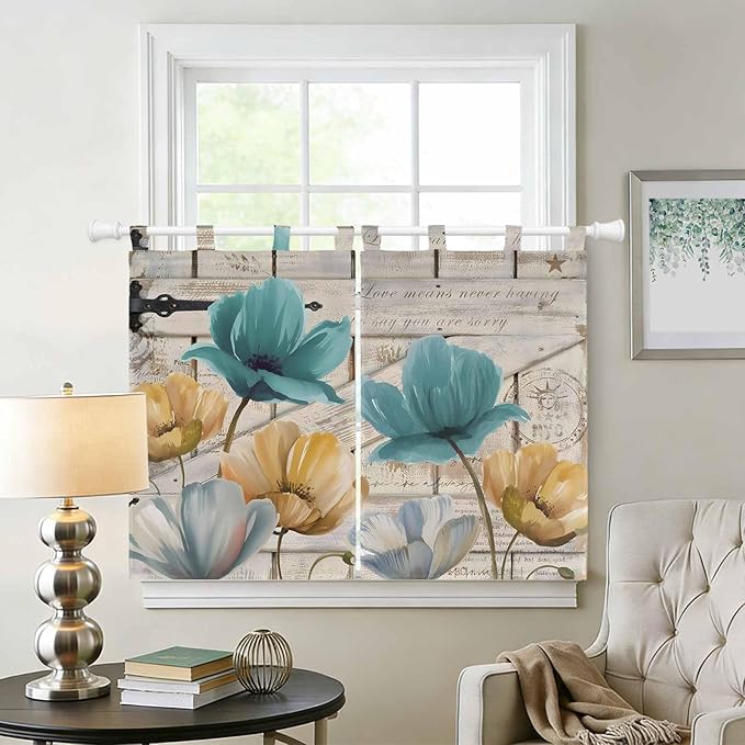 Watercolor Flowers Bedroom Curtains 63 Inch Length, Window Curtains Tab Top - Image 2