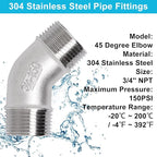 45 Degree Elbow 2PCS, 3/4" NPT Male X 3/4" NPT Male 304 Stainless Steel Pipe - Image 5