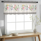 Blue Pink Floral Sheer Valance Curtains, Spring Summer Botanical Linen Black - Image 3