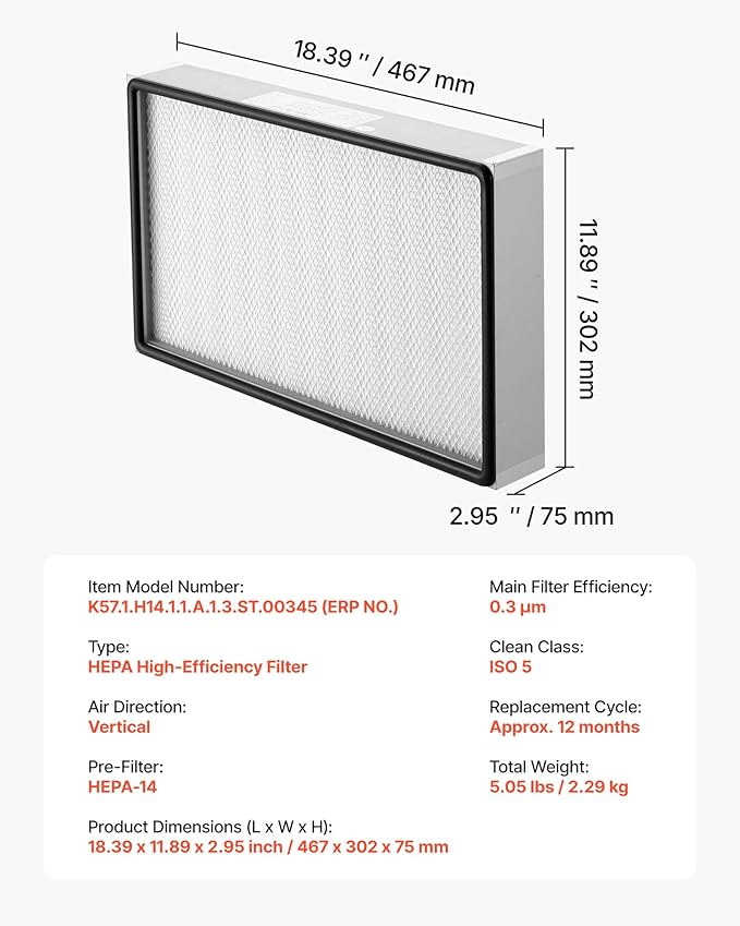 VEVOR Laminar Flow Hood Filter, 18.39 x 11.89 x 2.95 in, 1 Piece HEPA Filter - Image 7
