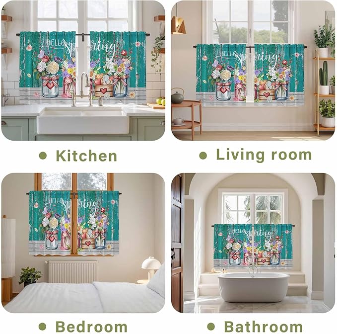 Spring Flowers Kitchen Curtains, Farmhouse Watercolor Teal Wood Grain Light - Image 8