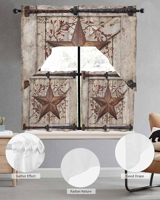 Country Star Swag Kitchen Curtains Valance and Tier Set, VintageRust Yellow - Image 5